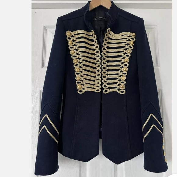 Zara Navy Blue Gold Embroidery Military Blogger Jacket Blazer XS - Picture 2 of 14